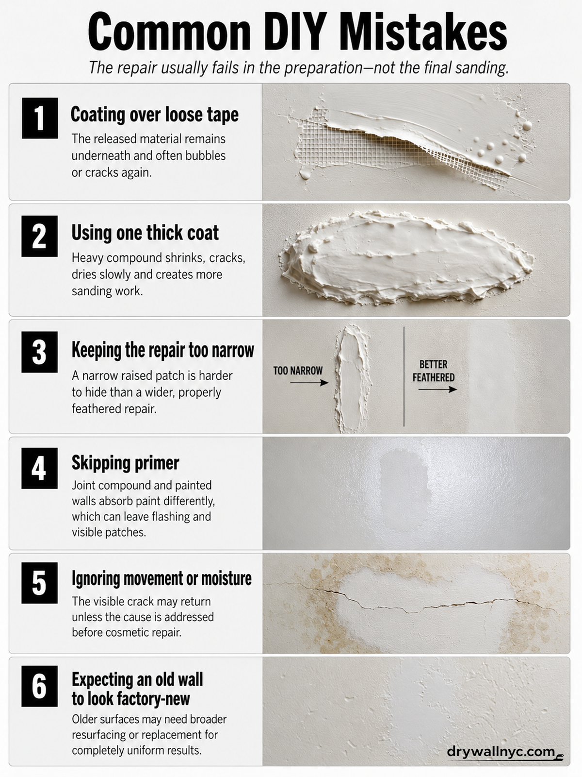 Common DIY mistakes in drywall repair including loose tape, thick compound, narrow repairs, skipped primer, moisture issues and unrealistic finish expectations