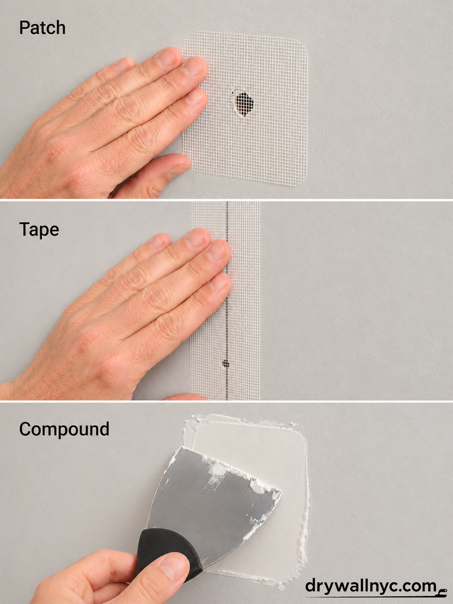 Vertical drywall repair sequence showing patch, tape and compound