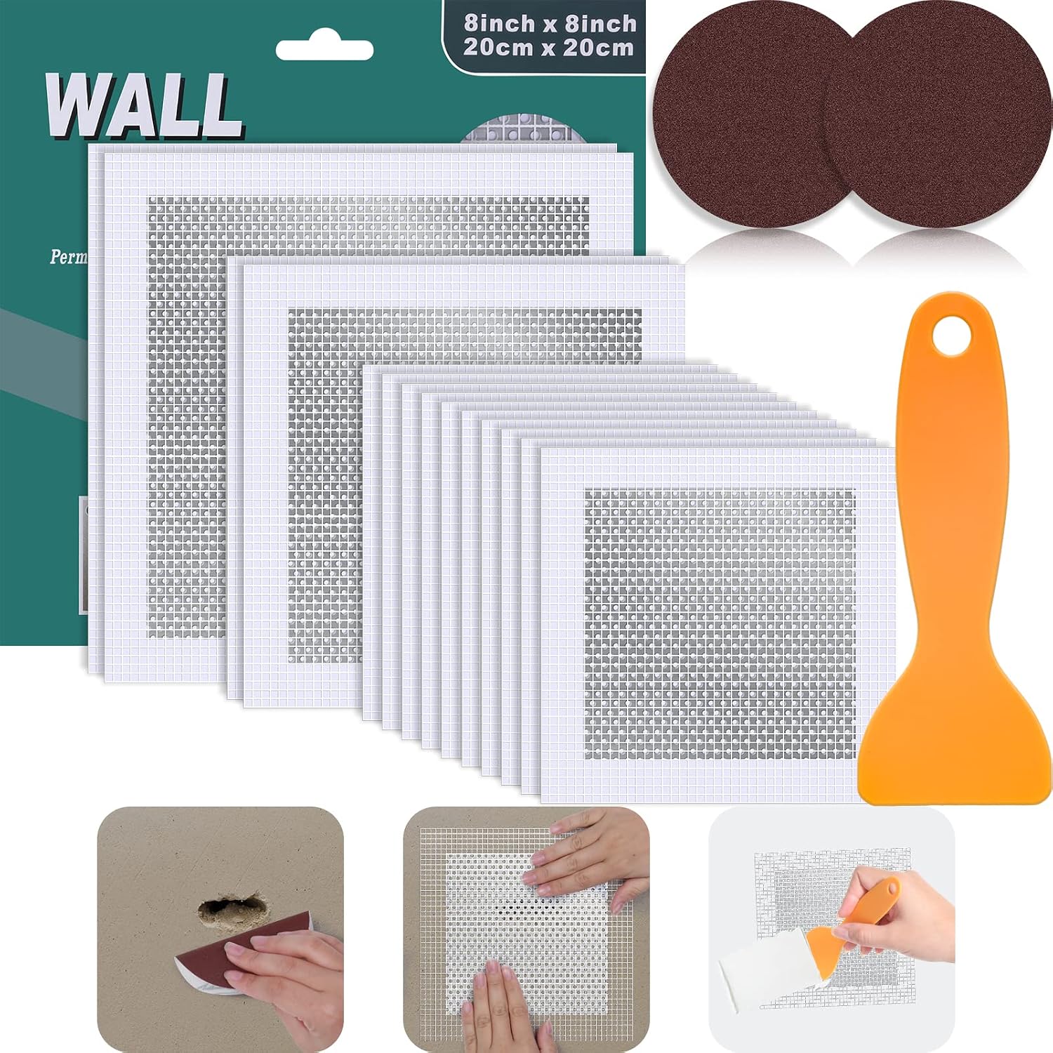 Ranekie drywall repair patch kit with mesh patches, sanding discs and plastic spreader